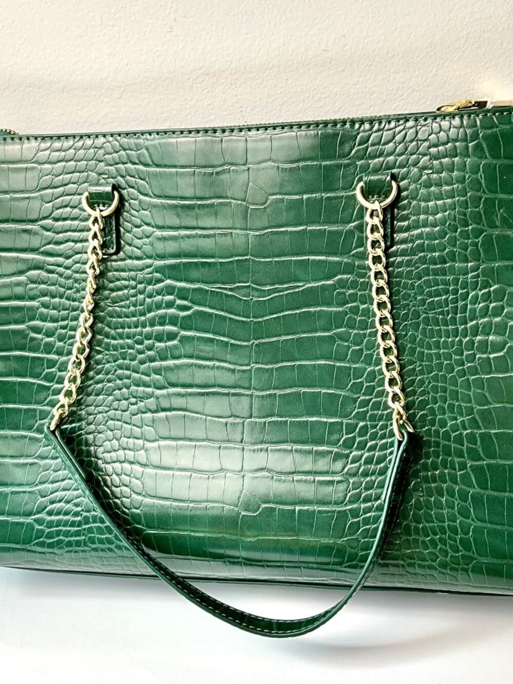 Love Moschino  Green Croc Embossed Leather Tote Bag Gold Chain Heart Lock - Picture 3 of 11